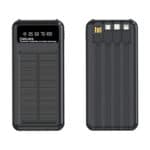 front and back of black solar power bank with built in cables 20000mah