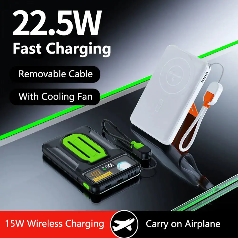 22.5W magnetic power bank with removable cable and cooling fan airplane friendly