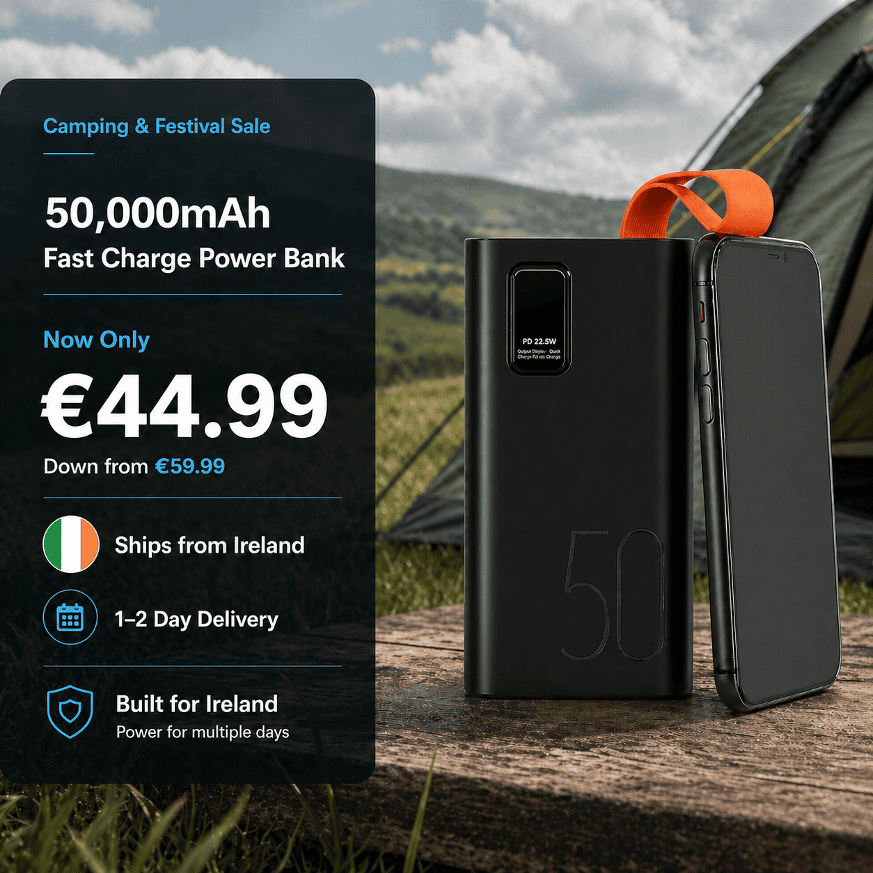 Portable 50,000mAh power bank for outdoor use in Ireland, fast charging, ideal for camping and festi.