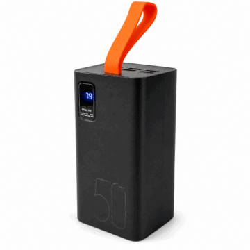 High-capacity power bank with digital display and orange strap in Ireland.