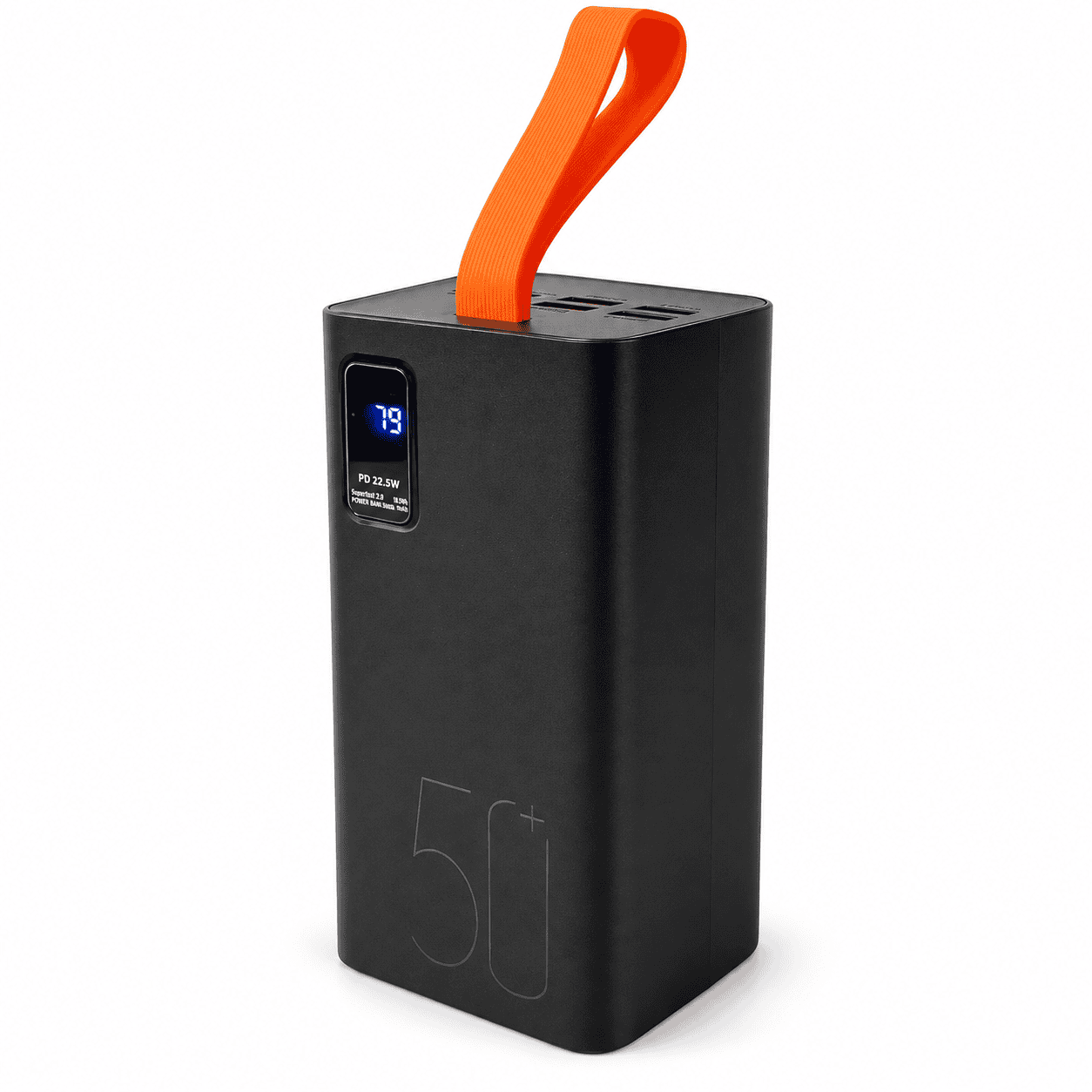 50000mah-power-bank-ireland High-capacity power bank with digital display and orange strap in Ireland.