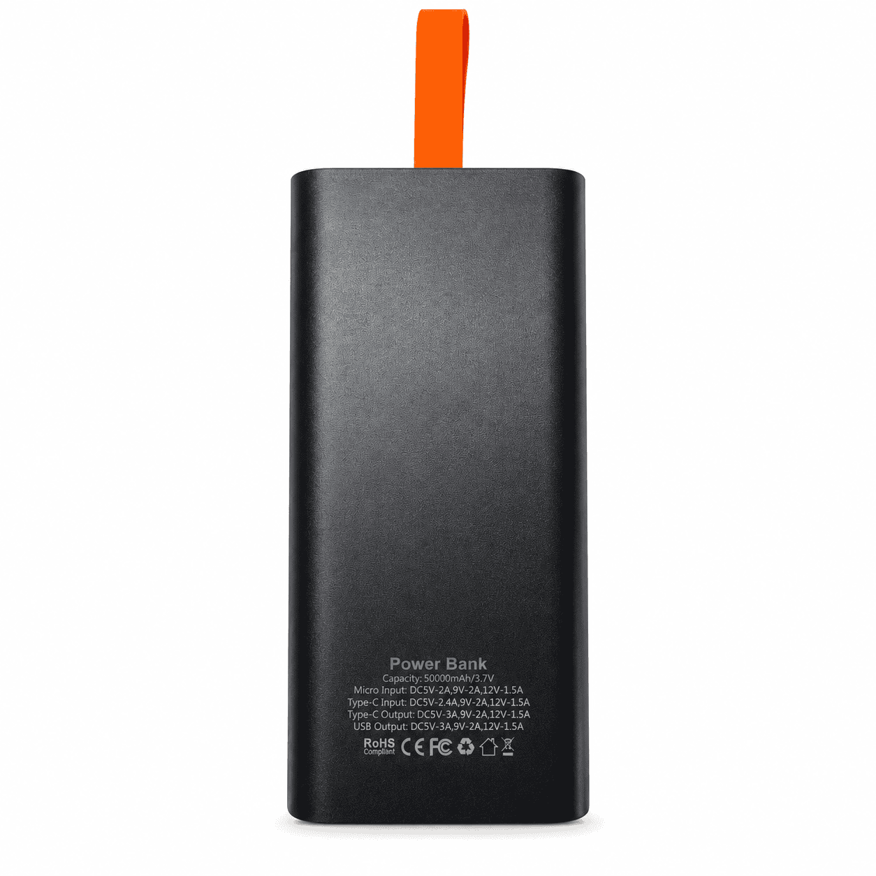 Portable Power Bank for Ireland Black power bank with orange strap, compact and portable for charging devices.