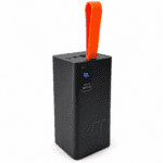 Portable power bank with digital display and orange strap for charging devices in Ireland.