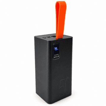 Portable power bank with digital display and orange strap for charging devices in Ireland.