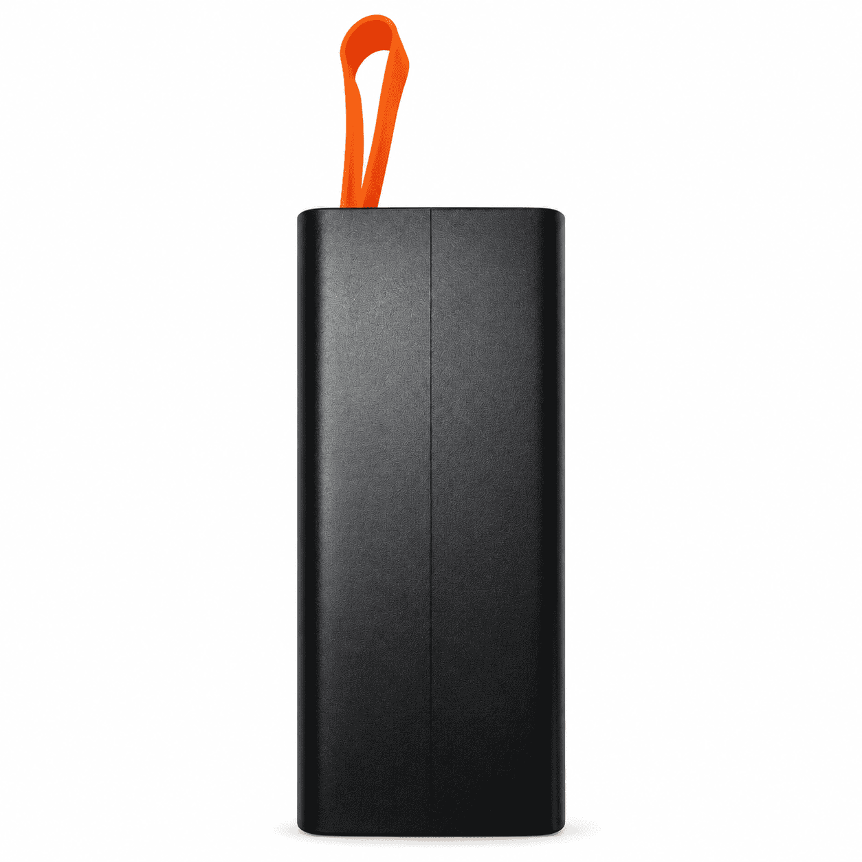 Portable Power Bank for Travel and Daily Use Black power bank with orange strap for charging devices on the go.